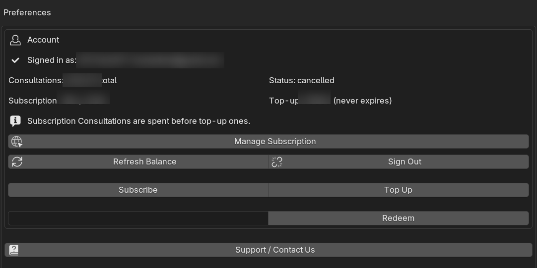 The add-on's Preferences panel showing the Consultations balance, Manage Subscription, Top Up, Redeem, and Support buttons