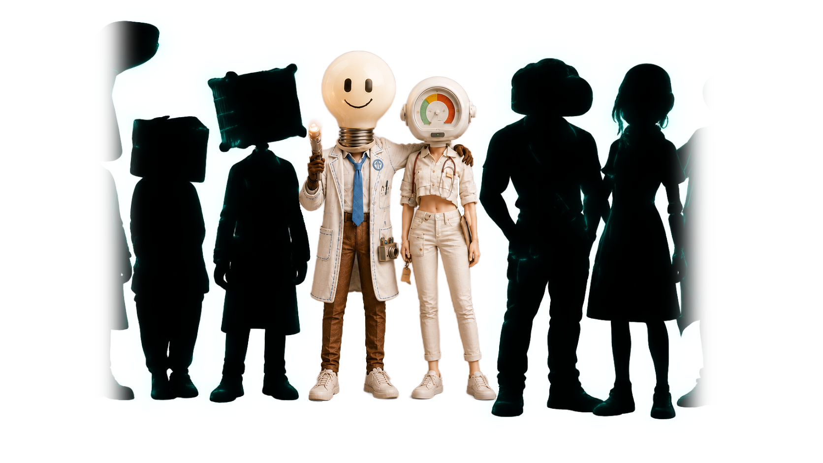 The CG General mascots: a lightbulb-headed diagnostics figure and a gauge-headed lighting figure, standing together with silhouetted teammates on either side