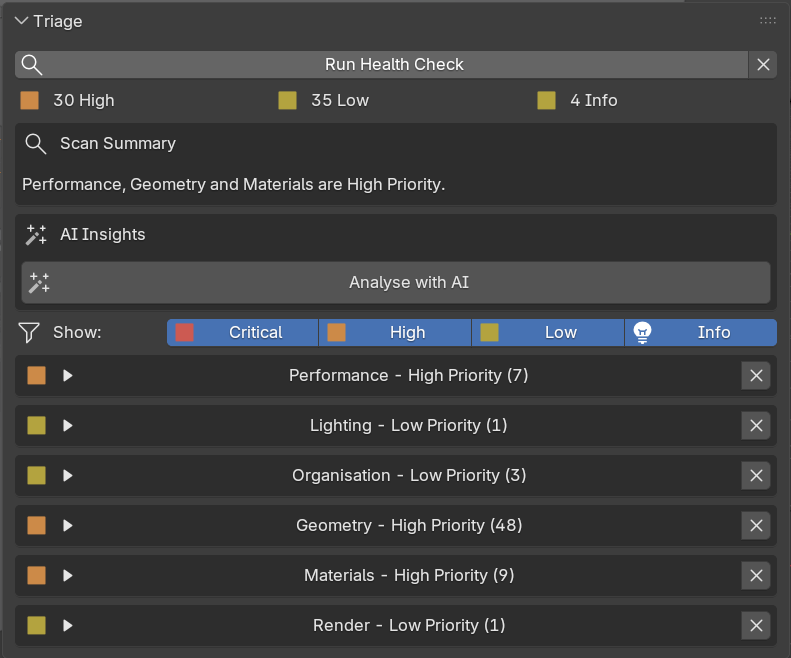 The Triage panel showing severity counts, a scan summary, and results grouped by category